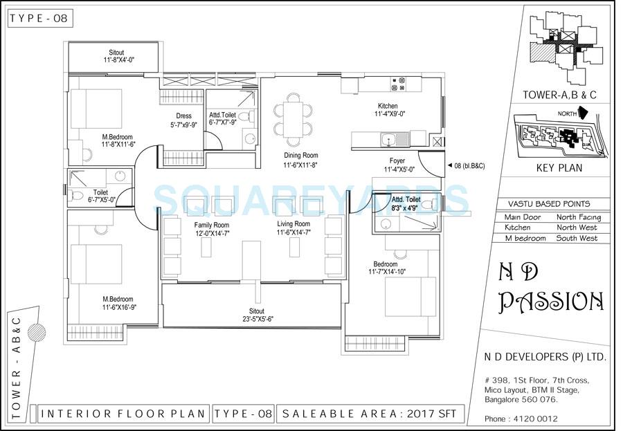 Floor plan of 3 BHK 2017 Sq. Ft. Apartment in N D Passion, Bangalore