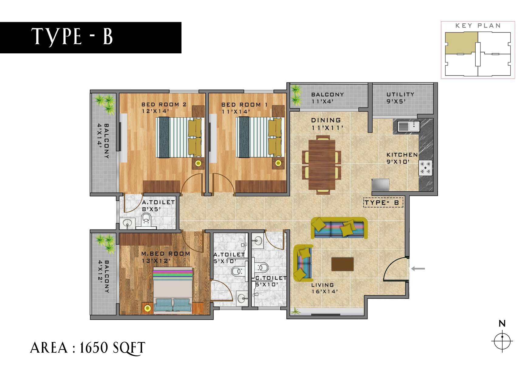 Floor plan of 3 BHK 1650 Sq. Ft. Apartment in Naga Blisston, Bangalore