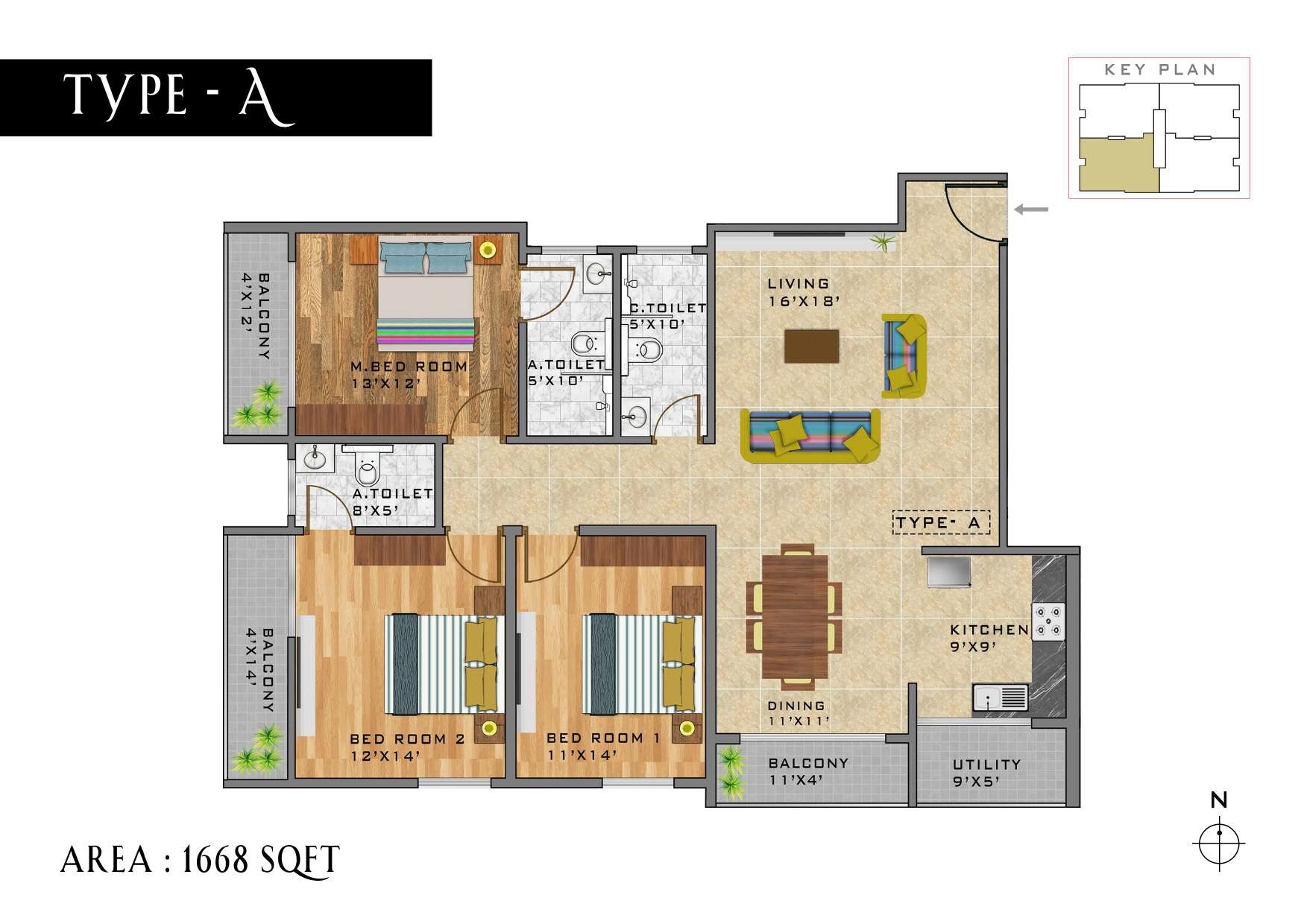 Floor plan of 3 BHK 1668 Sq. Ft. Apartment in Naga Blisston, Bangalore