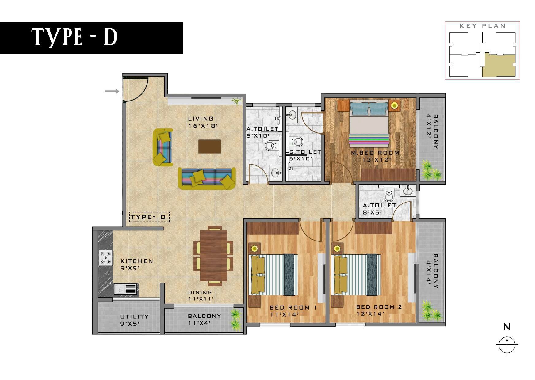 Floor plan of 3 BHK 1669 Sq. Ft. Apartment in Naga Blisston, Bangalore
