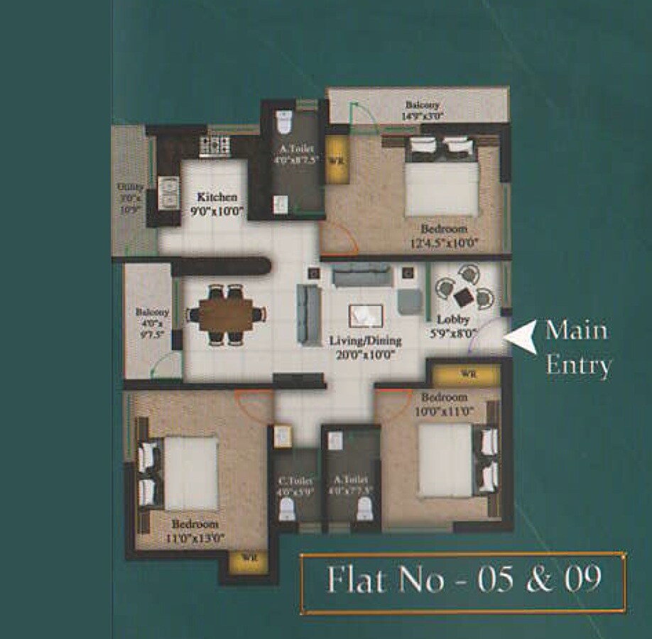 Floor plan of 3 BHK 1400 Sq. Ft. Apartment in Nagarbhavi Marvel, Bangalore