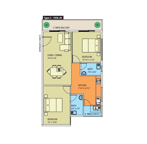 Floor plan of 2 BHK 1036 Sq. Ft. Apartment in Naksha Hyde Park, Bangalore