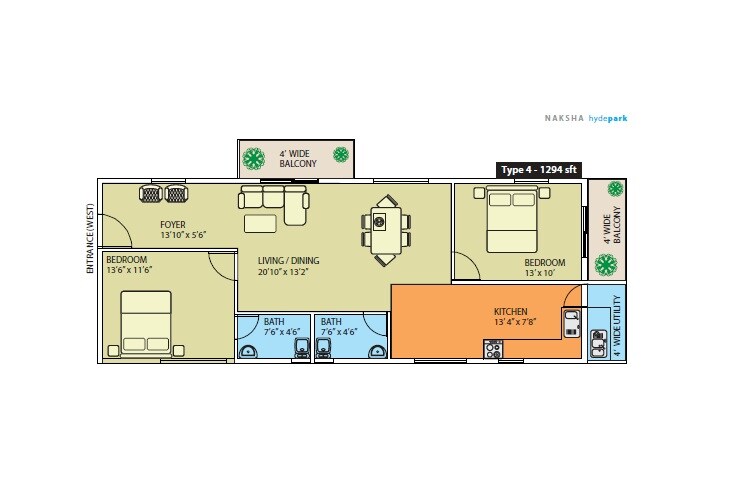 Floor plan of 2 BHK 1294 Sq. Ft. Apartment in Naksha Hyde Park, Bangalore
