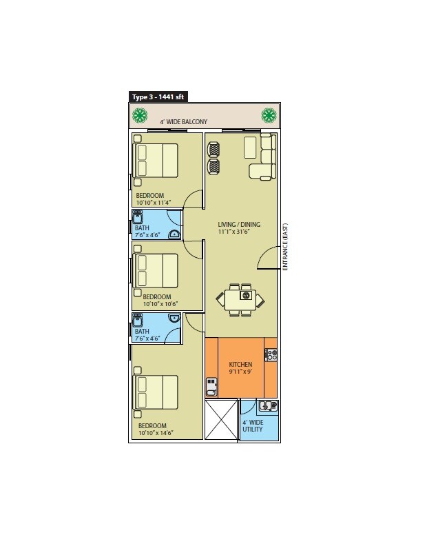 Floor plan of 3 BHK 1441 Sq. Ft. Apartment in Naksha Hyde Park, Bangalore
