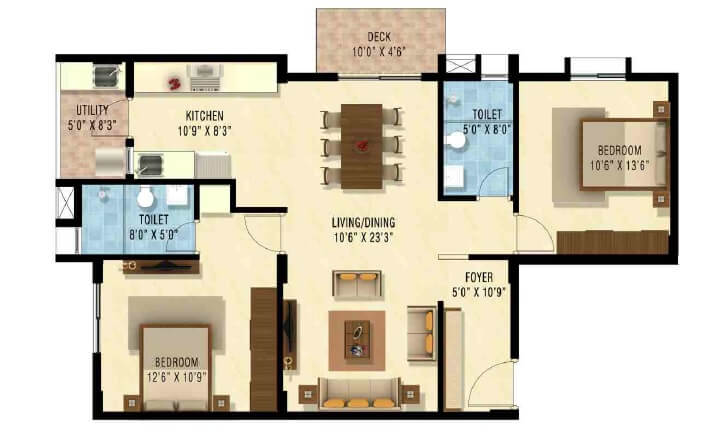 Floor plan of 2 BHK 1215 Sq. Ft. Apartment in Nakshatra Upscale Celestia, Bangalore