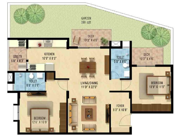 Floor plan of 2 BHK 1230 Sq. Ft. Apartment in Nakshatra Upscale Celestia, Bangalore
