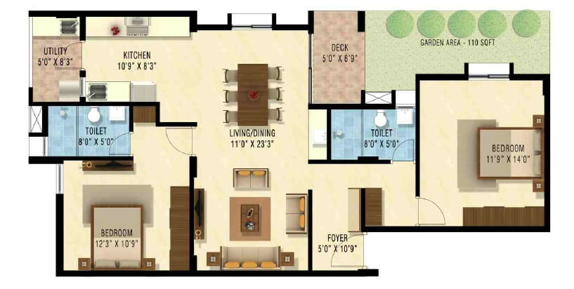 Floor plan of 2 BHK 1275 Sq. Ft. Apartment in Nakshatra Upscale Celestia, Bangalore