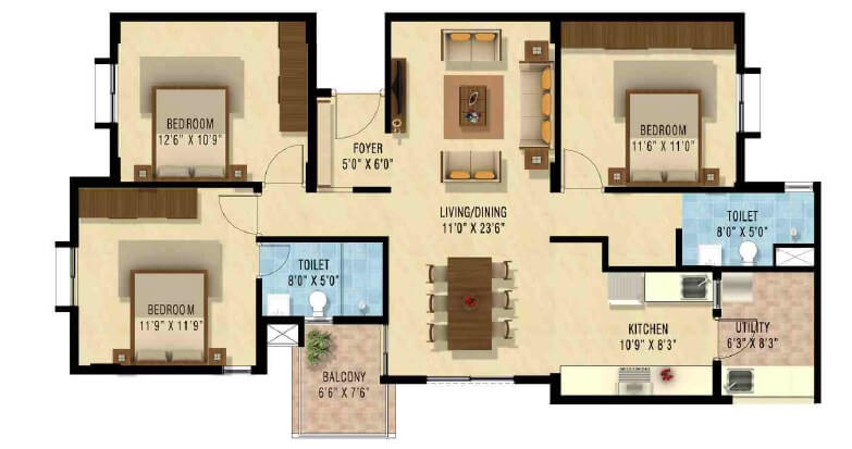 Floor plan of 3 BHK 1400 Sq. Ft. Apartment in Nakshatra Upscale Celestia, Bangalore