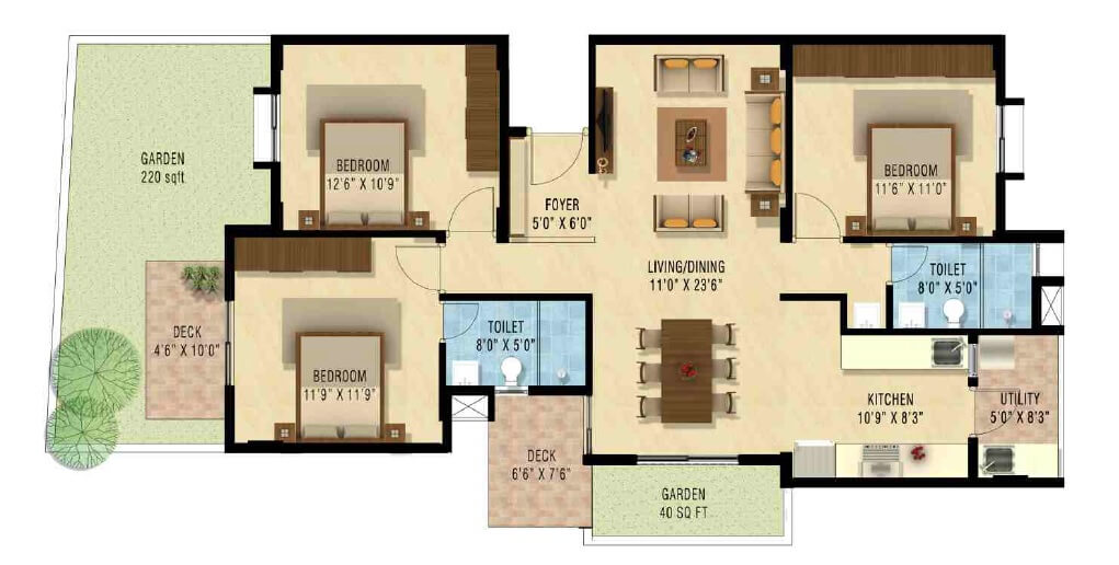 Floor plan of 3 BHK 1430 Sq. Ft. Apartment in Nakshatra Upscale Celestia, Bangalore
