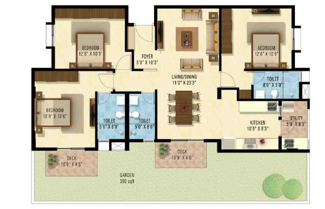 Floor plan of 3 BHK 1510 Sq. Ft. Apartment in Nakshatra Upscale Celestia, Bangalore