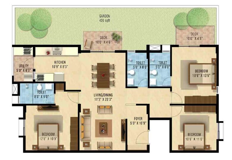 Floor plan of 3 BHK 1530 Sq. Ft. Apartment in Nakshatra Upscale Celestia, Bangalore