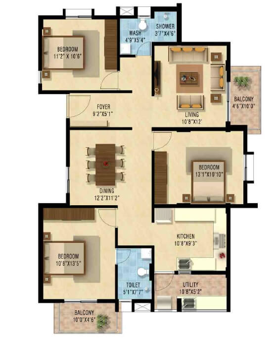 Floor plan of 3 BHK 1545 Sq. Ft. Apartment in Nakshatra Upscale Celestia, Bangalore