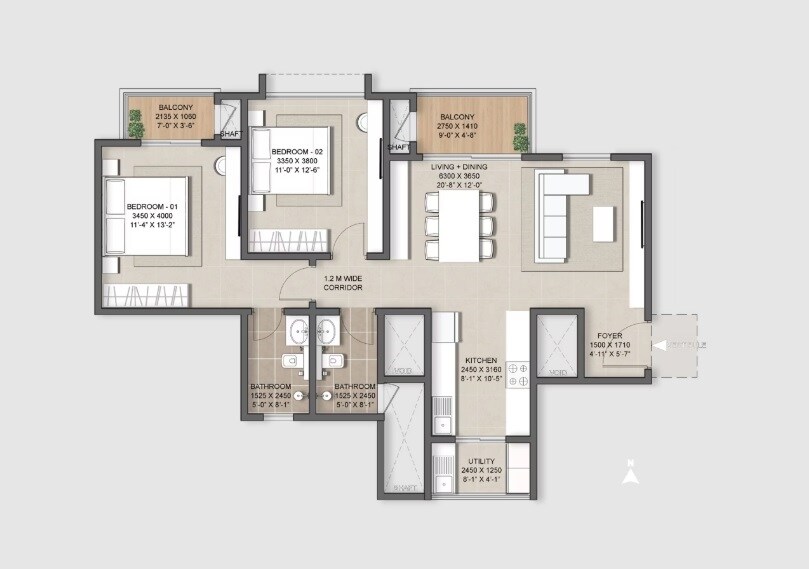 Floor plan of 2 BHK 1375 Sq. Ft. Apartment in Nambiar District 25, Bangalore