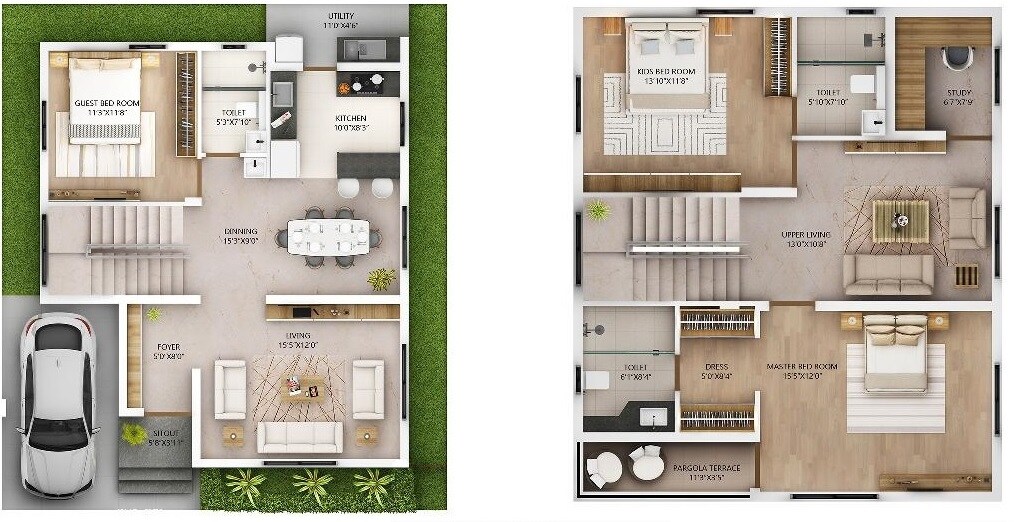 Floor plan of 3 BHK 2129 Sq. Ft. Villa in Nambiar Ellegenza, Bangalore