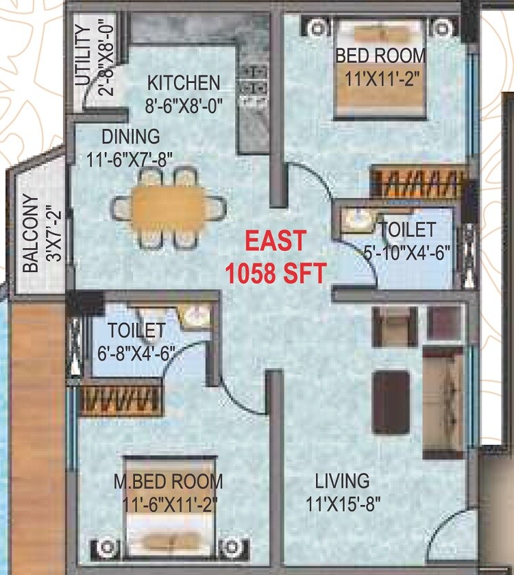 Floor plan of 2 BHK 1058 Sq. Ft. Apartment in Narmada Sri Heights, Bangalore