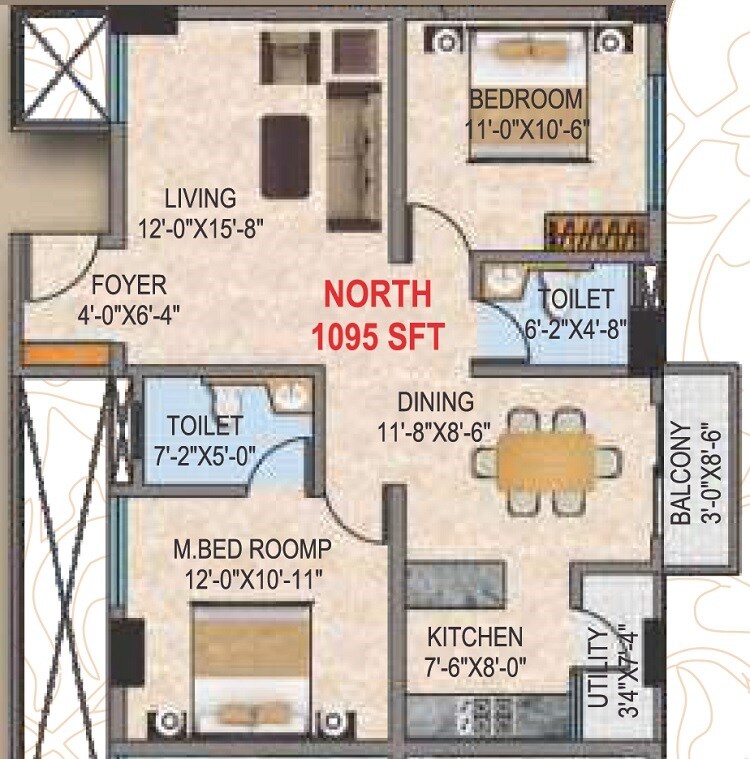 Floor plan of 2 BHK 1095 Sq. Ft. Apartment in Narmada Sri Heights, Bangalore