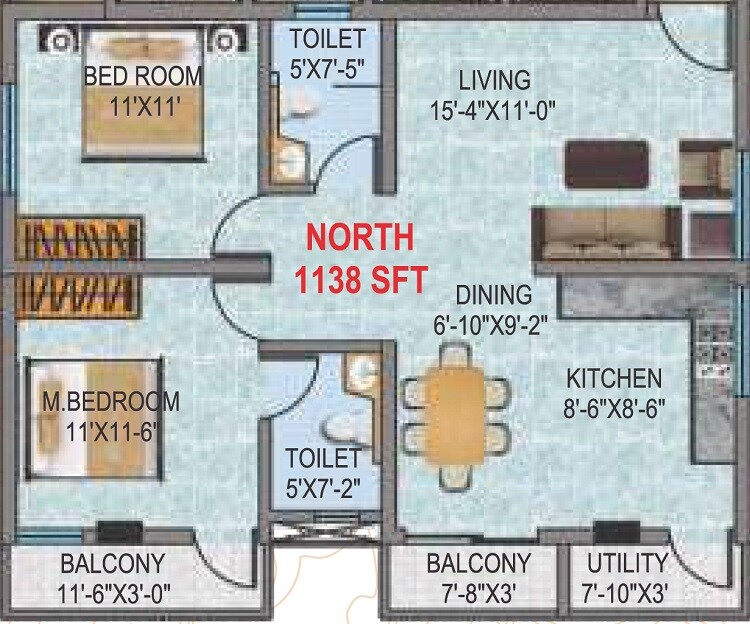 Floor plan of 2 BHK 1138 Sq. Ft. Apartment in Narmada Sri Heights, Bangalore