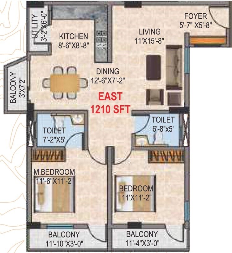 Floor plan of 2 BHK 1210 Sq. Ft. Apartment in Narmada Sri Heights, Bangalore