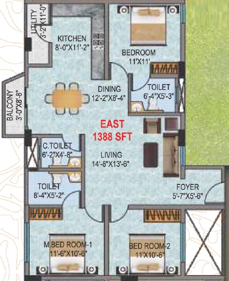 Floor plan of 3 BHK 1388 Sq. Ft. Apartment in Narmada Sri Heights, Bangalore