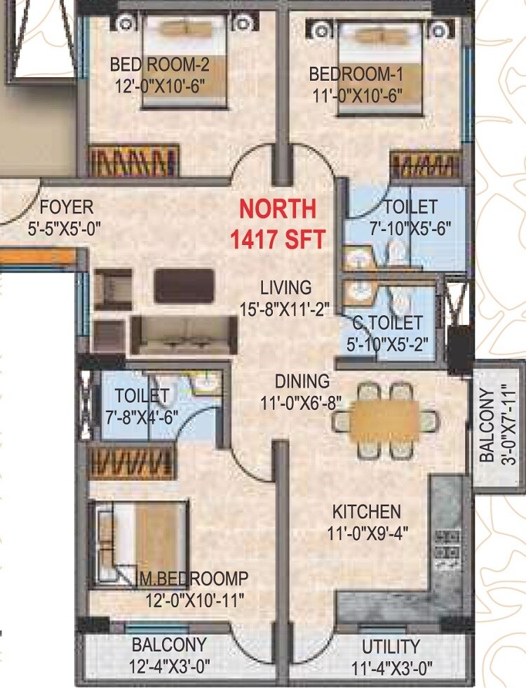 Floor plan of 3 BHK 1417 Sq. Ft. Apartment in Narmada Sri Heights, Bangalore