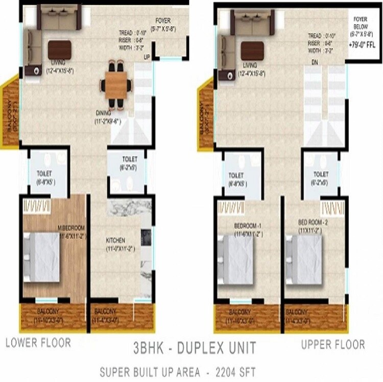 Floor plan of 3 BHK 2204 Sq. Ft. Apartment in Narmada Sri Heights, Bangalore