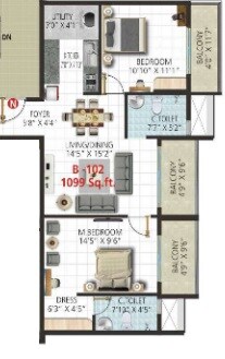 Floor plan of 2 BHK 1099 Sq. Ft. Apartment in Narya Breath Fresh, Bangalore