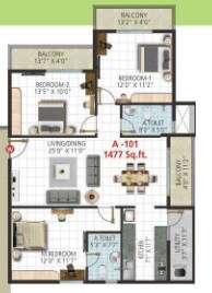 Floor plan of 3 BHK 1477 Sq. Ft. Apartment in Narya Breath Fresh, Bangalore