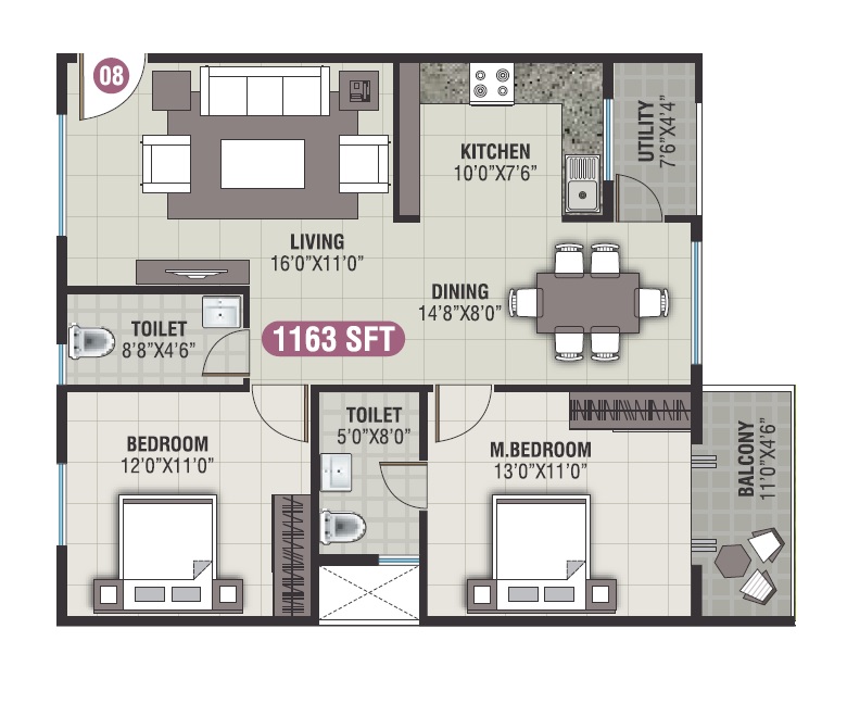 2 BHK 1163 Sq. Ft. Apartment in Nava Gokulam