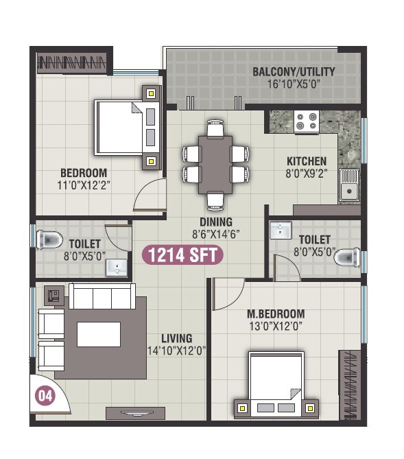 2 BHK 1214 Sq. Ft. Apartment