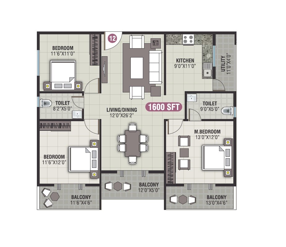 3 BHK 1600 Sq. Ft. Apartment