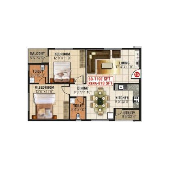 Floor plan of 2 BHK 1102 Sq. Ft. Apartment in Nava Pushkara, Bangalore