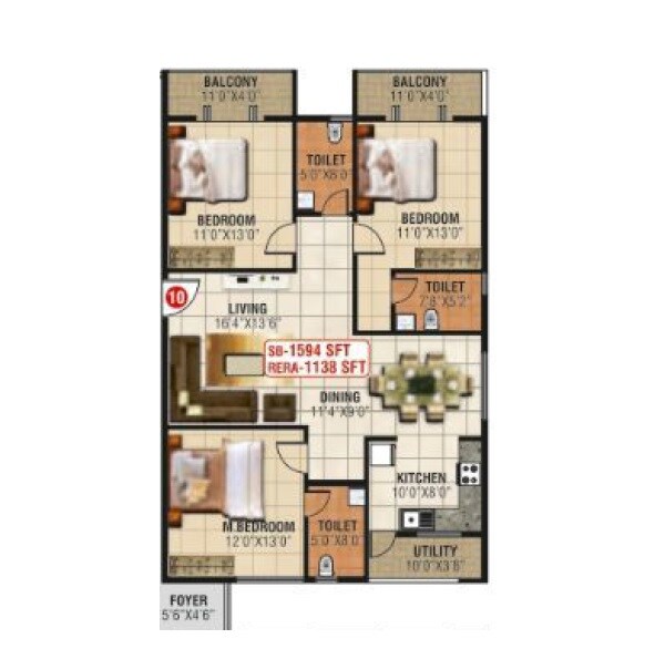 Floor plan of 2 BHK 1594 Sq. Ft. Apartment in Nava Pushkara, Bangalore