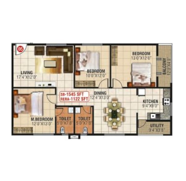 Floor plan of 3 BHK 1545 Sq. Ft. Apartment in Nava Pushkara, Bangalore