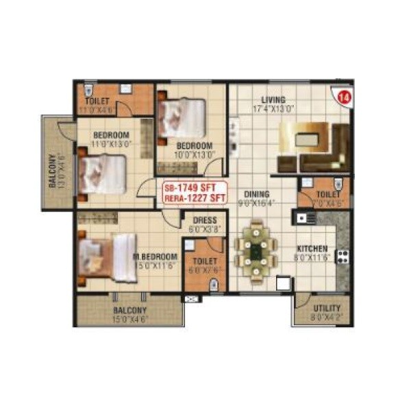 Floor plan of 3 BHK 1749 Sq. Ft. Apartment in Nava Pushkara, Bangalore