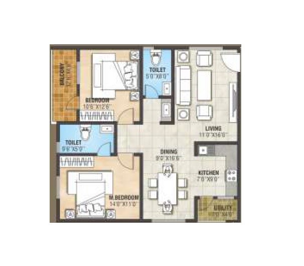 Floor plan of 2 BHK 1172 Sq. Ft. Apartment in Nava Vaibhava, Bangalore