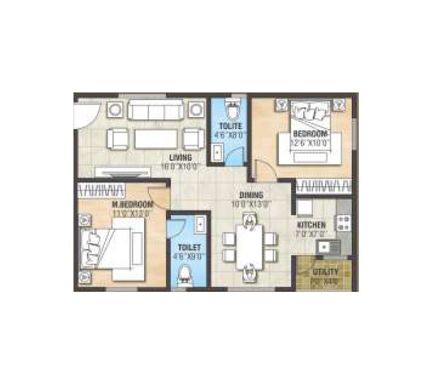 Floor plan of 2 BHK 1265 Sq. Ft. Apartment in Nava Vaibhava, Bangalore