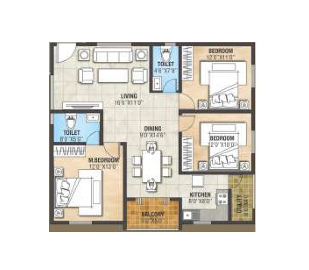 Floor plan of 3 BHK 1402 Sq. Ft. Apartment in Nava Vaibhava, Bangalore