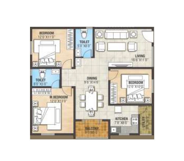 Floor plan of 3 BHK 1578 Sq. Ft. Apartment in Nava Vaibhava, Bangalore