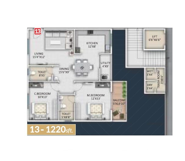 Floor plan of 2 BHK 1220 Sq. Ft. Apartment in Nava Vajra, Bangalore
