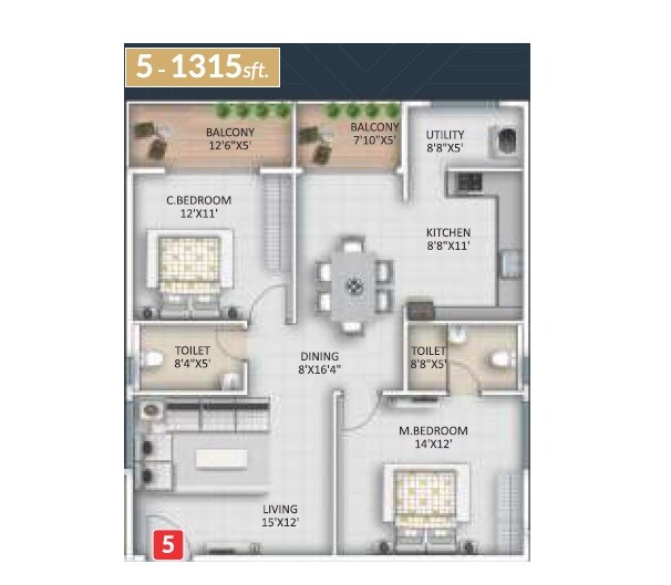 Floor plan of 2 BHK 1315 Sq. Ft. Apartment in Nava Vajra, Bangalore