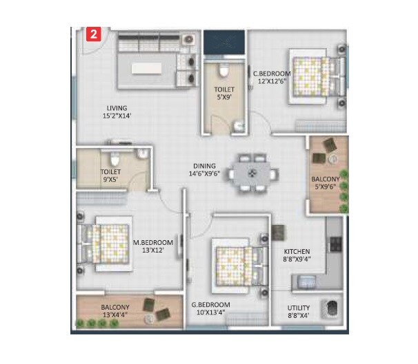 Floor plan of 3 BHK 1505 Sq. Ft. Apartment in Nava Vajra, Bangalore
