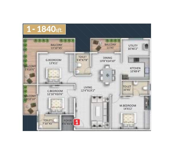 Floor plan of 3 BHK 1840 Sq. Ft. Apartment in Nava Vajra, Bangalore