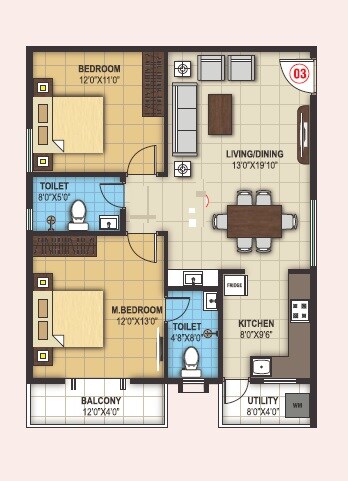 Floor plan of 2 BHK 1168 Sq. Ft. Apartment in Nava Vedantha, Bangalore