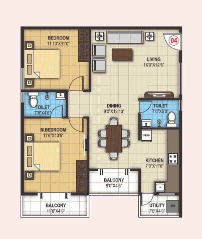 Floor plan of 2 BHK 1298 Sq. Ft. Apartment in Nava Vedantha, Bangalore