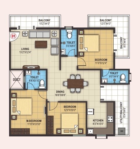Floor plan of 3 BHK 1686 Sq. Ft. Apartment in Nava Vedantha, Bangalore