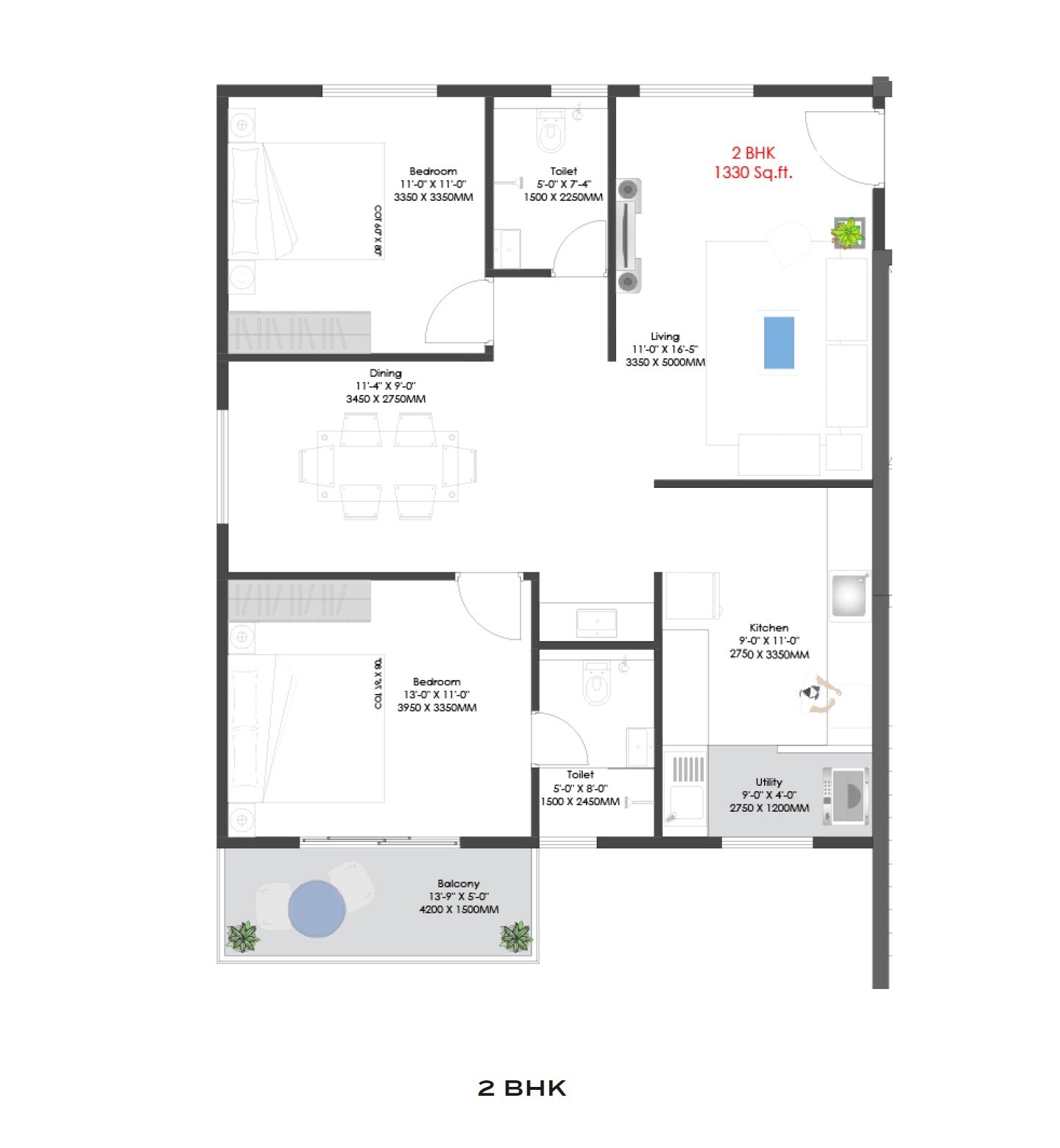 Floor plan of 2 BHK 1330 Sq. Ft. Apartment in Nava Vruksha, Bangalore