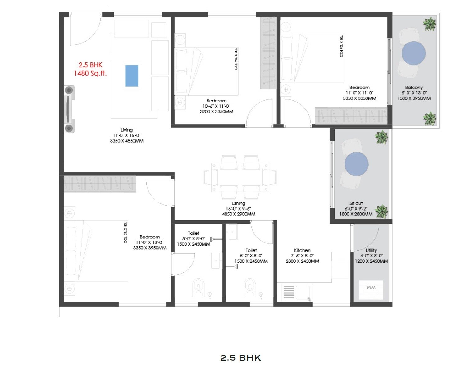 Floor plan of 2 BHK 1480 Sq. Ft. Apartment in Nava Vruksha, Bangalore
