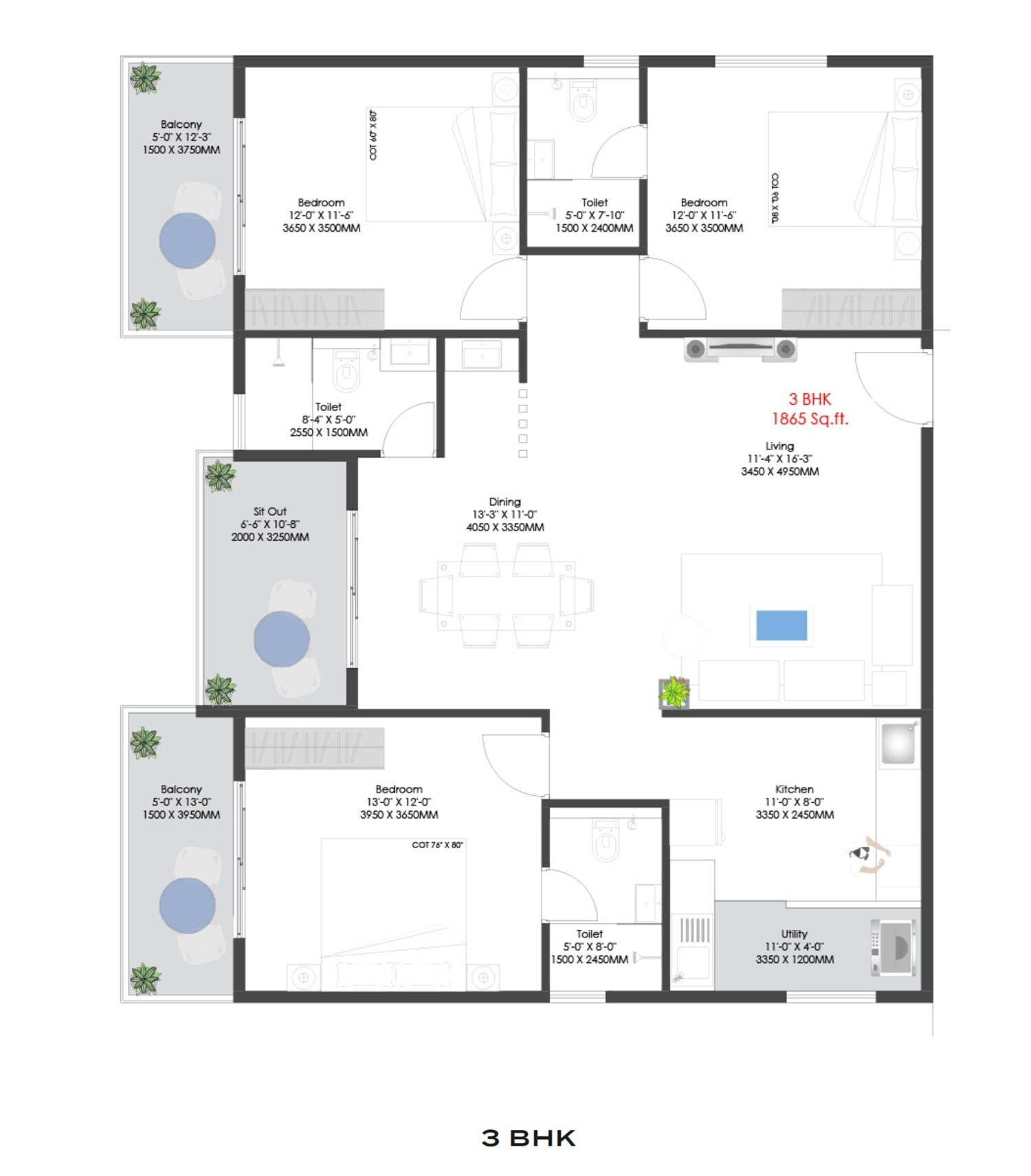 Floor plan of 3 BHK 1865 Sq. Ft. Apartment in Nava Vruksha, Bangalore