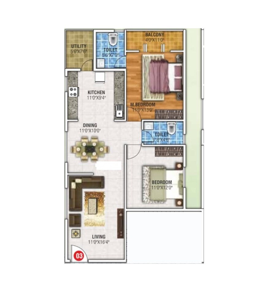 Floor plan of 2 BHK 1161 Sq. Ft. Apartment in Navajyothi Paradise Palms, Bangalore