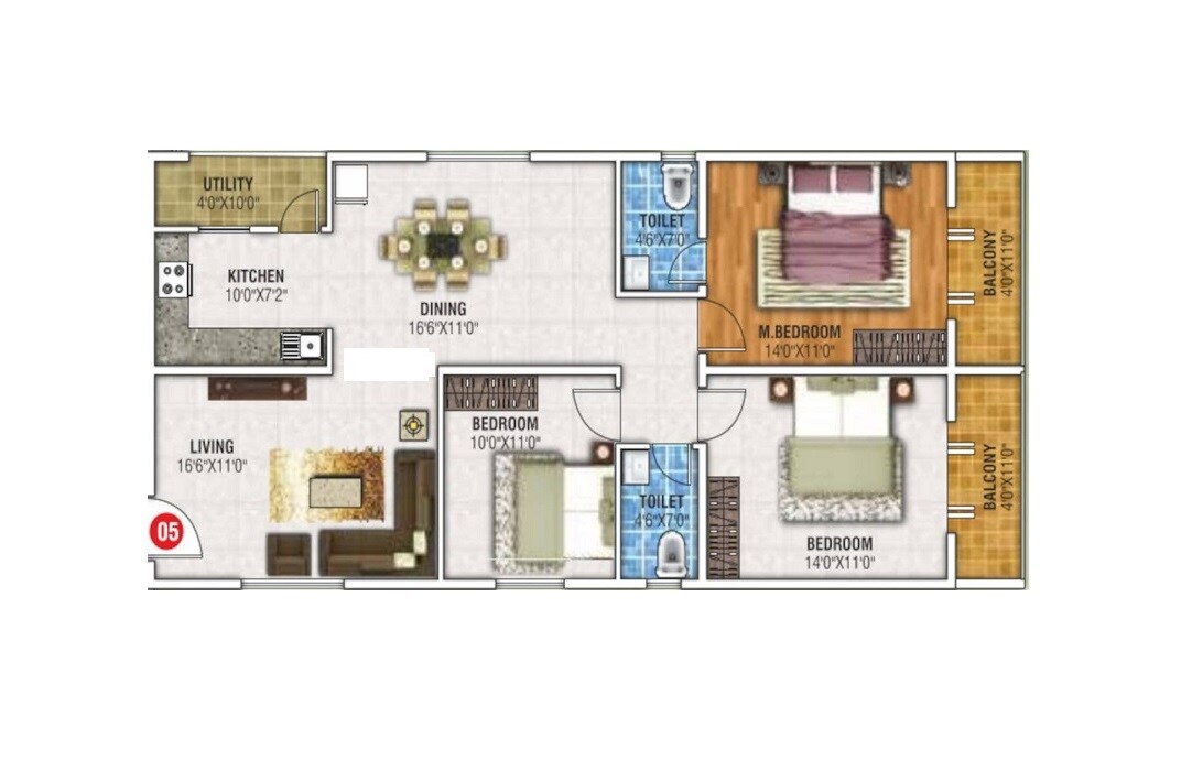 Floor plan of 3 BHK 1668 Sq. Ft. Apartment in Navajyothi Paradise Palms, Bangalore